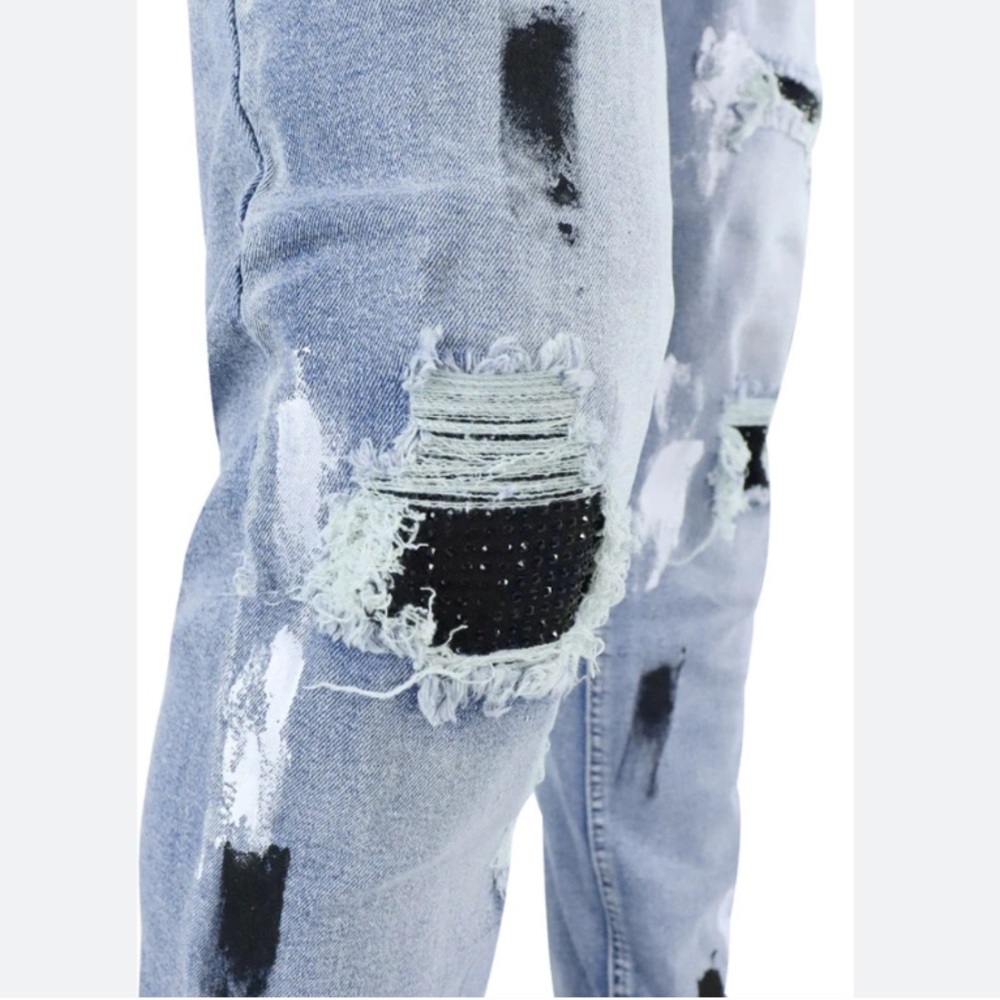 ZCL Denim Distressed Paint Smeared Rhinestone Jeans